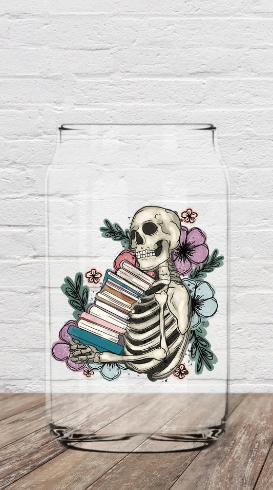 So Many Books Skeleton | 16oz Beer Can Glass
